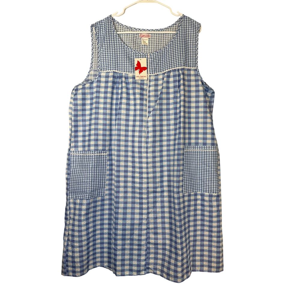 NEW Vintage Blue Gingham Sleeveless House Dress Picnic Plaid Zip Up Womens 3X